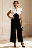 Black and White V-Neck Long Mother of the Bride Jumpsuits with Ruffles