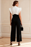 Black and White V-Neck Long Mother of the Bride Jumpsuits with Ruffles