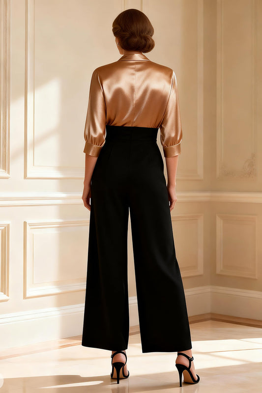 Black and Champagne V-Neck Satin Long Mother of the Bride Jumpsuits with Sleeves