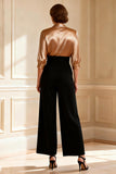 Black and Champagne V-Neck Satin Long Mother of the Bride Jumpsuits with Sleeves