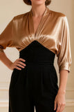 Black and Champagne V-Neck Satin Long Mother of the Bride Jumpsuits with Sleeves