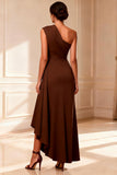 Chocolate One Shoulder Ruched High Low Mother of the Bride Dress with Slit