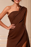 Chocolate One Shoulder Ruched High Low Mother of the Bride Dress with Slit