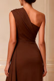 Chocolate One Shoulder Ruched High Low Mother of the Bride Dress with Slit