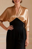 Black and Champagne Satin V-Neck Long Mother of the Bride Dress with Sleeves