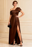 Chocolate One Shoulder Satin Long Mother of the Bride Dress with Slit