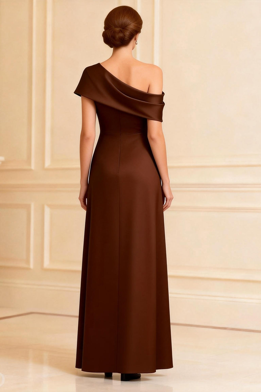 Chocolate One Shoulder Satin Long Mother of the Bride Dress with Slit