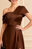 Chocolate One Shoulder Satin Long Mother of the Bride Dress with Slit