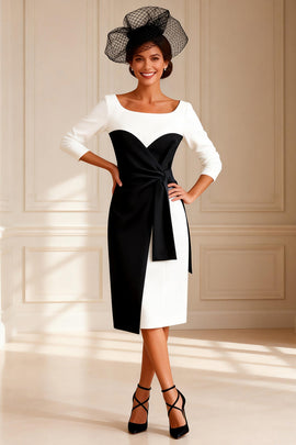 Black and White Boat Neck Midi Mother of the Bride Dress with Sleeves