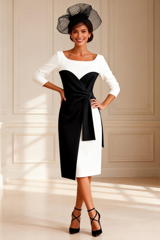 Black and White Boat Neck Midi Mother of the Bride Dress with Sleeves