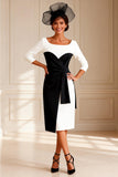 Black and White Boat Neck Midi Mother of the Bride Dress with Sleeves