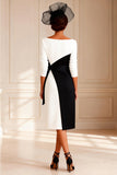 Black and White Boat Neck Midi Mother of the Bride Dress with Sleeves