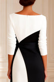 Black and White Boat Neck Midi Mother of the Bride Dress with Sleeves