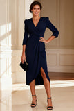 Navy Bodycon V-Neck Midi Mother of the Bride Dress with Sleeves