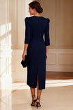 Navy Bodycon V-Neck Midi Mother of the Bride Dress with Sleeves