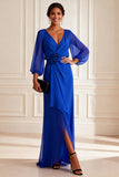 Royal Blue V-Neck Chiffon Asymmetrical Mother of the Bride Dress with 3D Flowers
