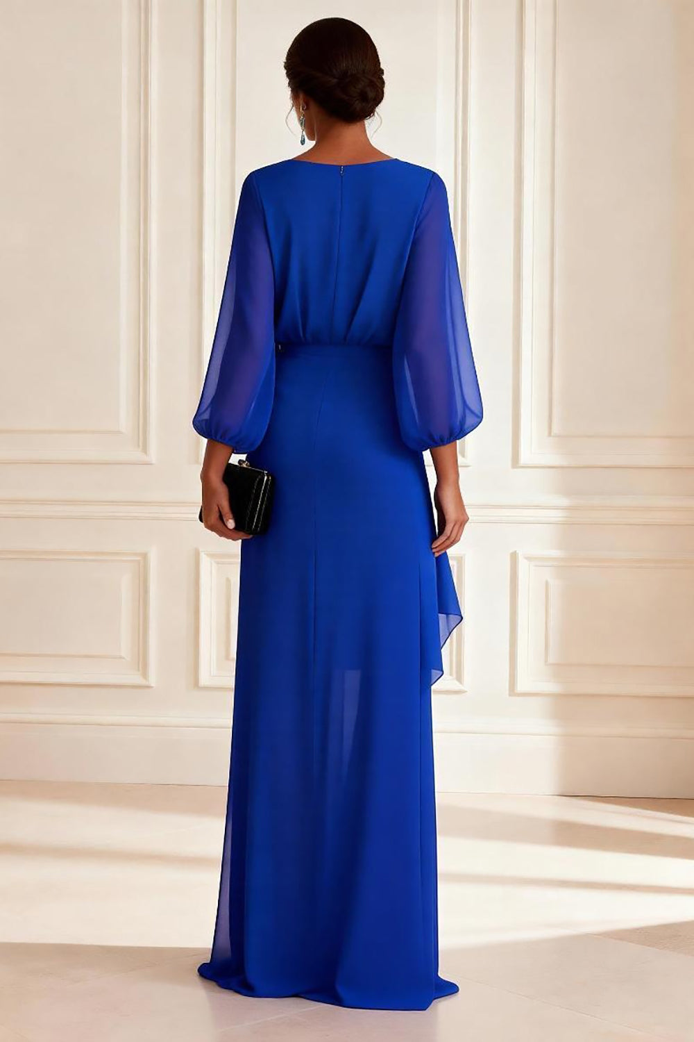 Royal Blue V-Neck Chiffon Asymmetrical Mother of the Bride Dress with 3D Flowers