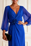 Royal Blue V-Neck Chiffon Asymmetrical Mother of the Bride Dress with 3D Flowers