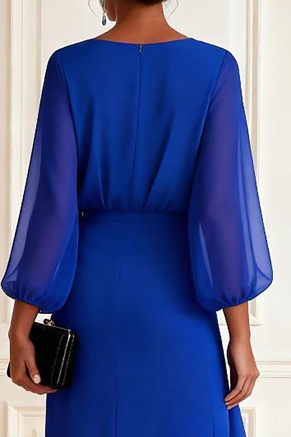 Royal Blue V-Neck Chiffon Asymmetrical Mother of the Bride Dress with 3D Flowers
