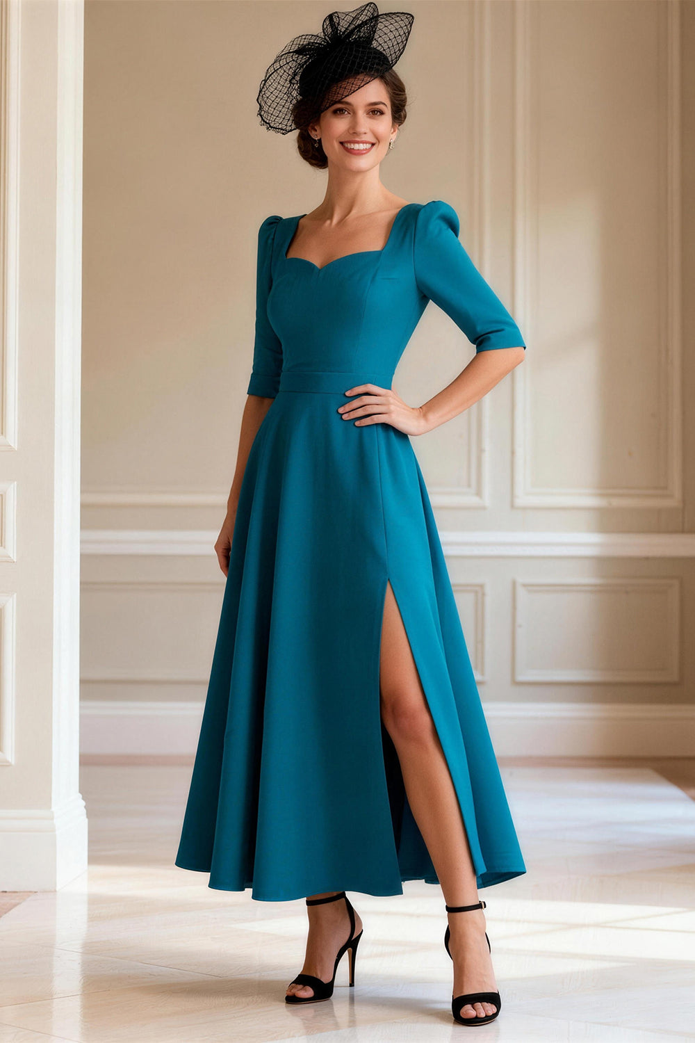 Peacock Blue A Line Long Sleeves Mother of the Bride Dress with Slit