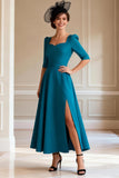 Peacock Blue A Line Long Sleeves Mother of the Bride Dress with Slit