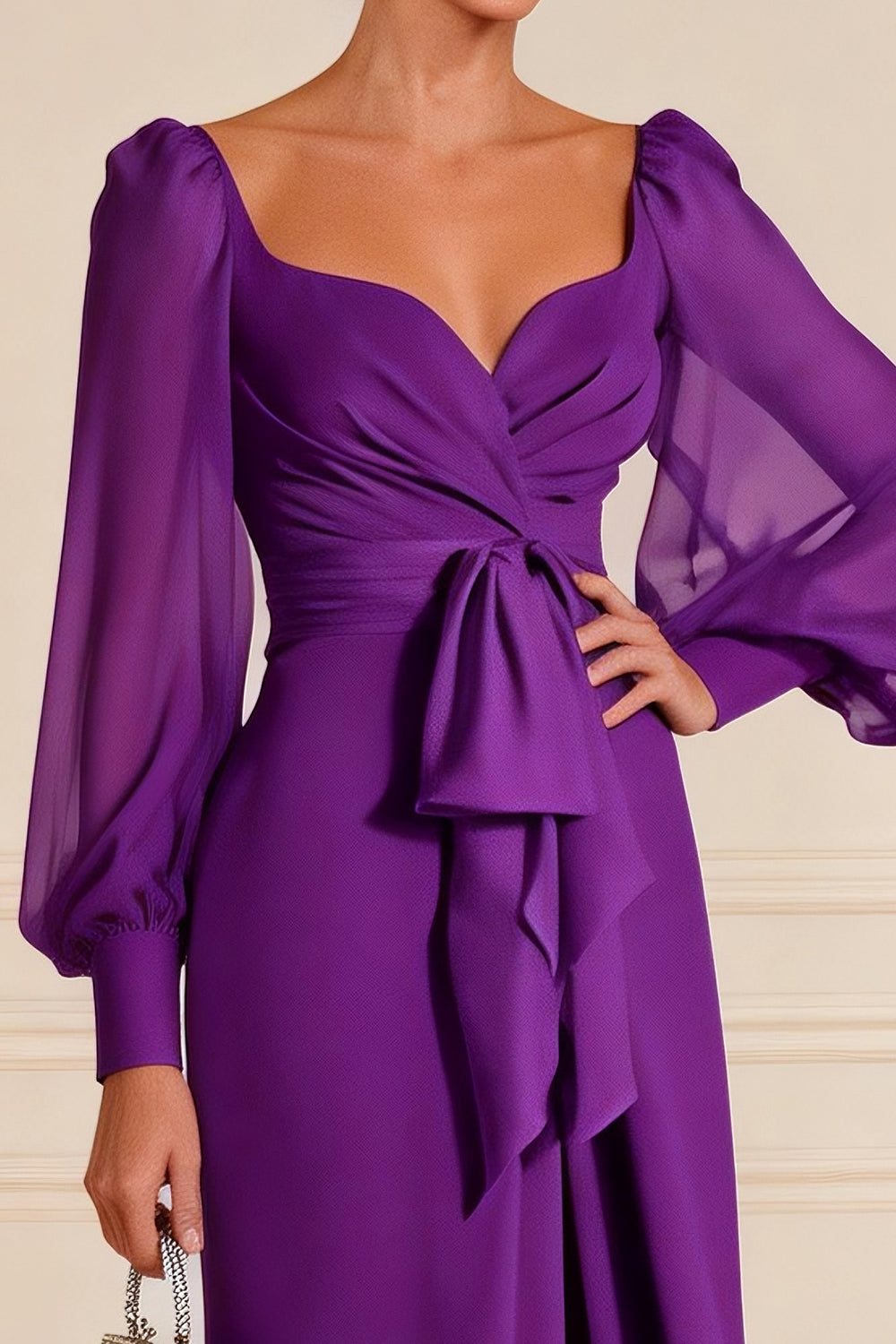 Purple Chiffon Sheath Long Sleeves Mother of the Bride Dress with Slit