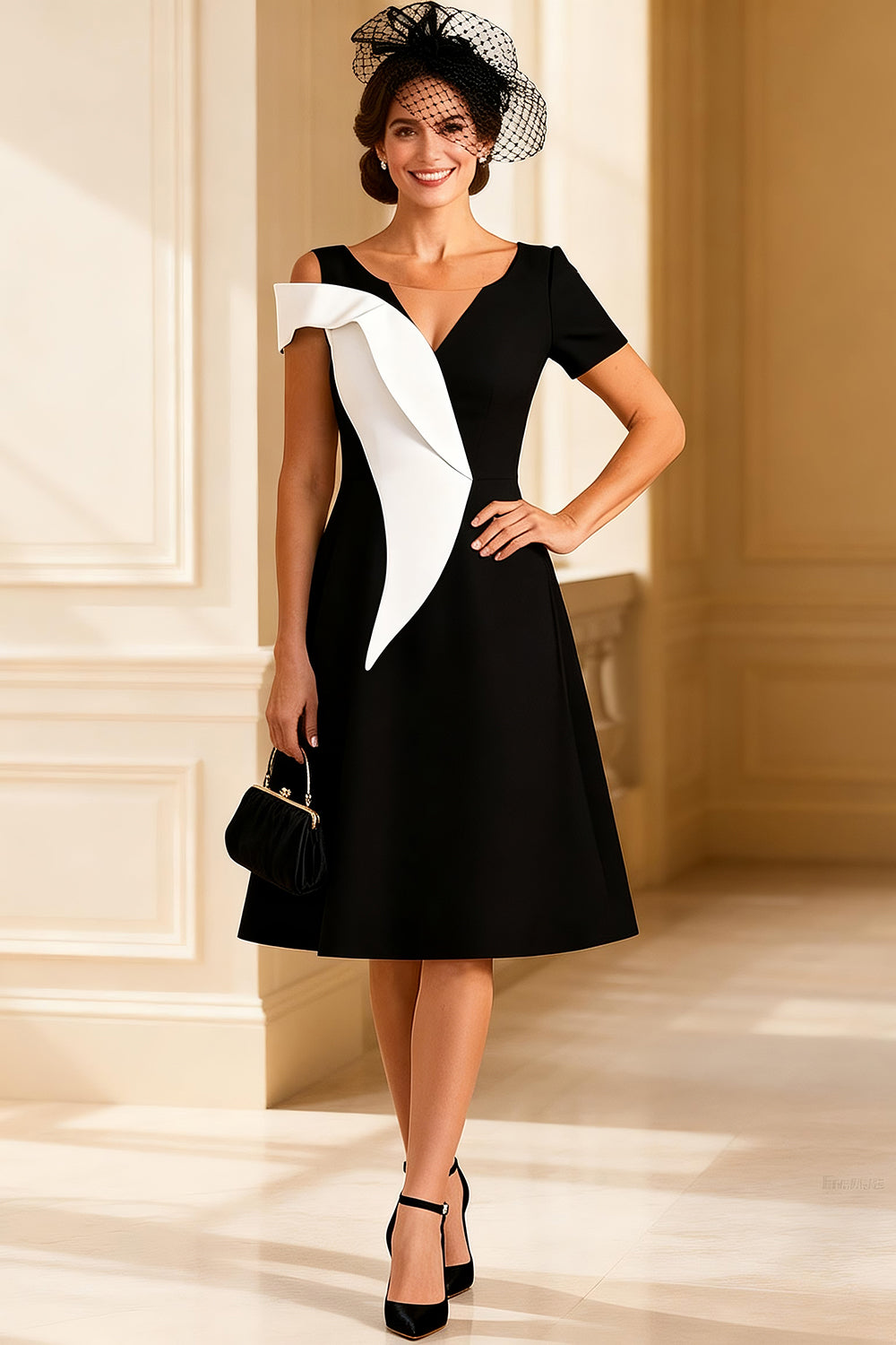 Black and White A Line V-Neck Midi Mother of the Bride Dress with Sleeves