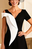 Black and White A Line V-Neck Midi Mother of the Bride Dress with Sleeves