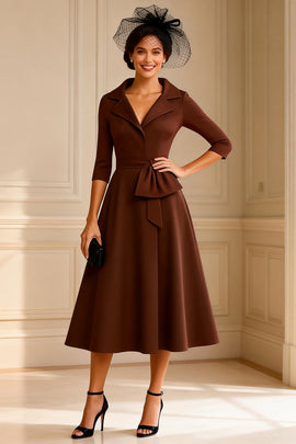 Chocolate A Line Notched Lapel Midi Mother of the Bride Dress with Sleeves