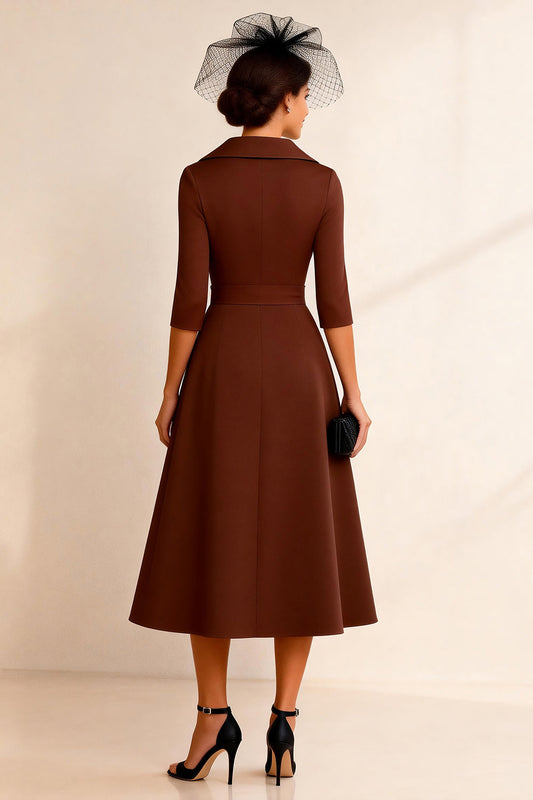 Chocolate A Line Notched Lapel Midi Mother of the Bride Dress with Sleeves