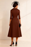 Chocolate A Line Notched Lapel Midi Mother of the Bride Dress with Sleeves