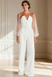 White Puff Sleeves Long Sleeves Bridal Jumpsuits with Belt