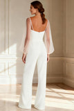 White Puff Sleeves Long Sleeves Bridal Jumpsuits with Belt