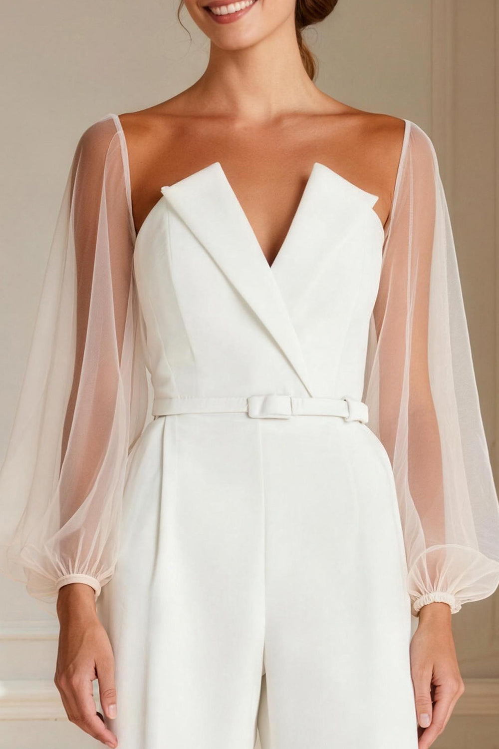 White Puff Sleeves Long Sleeves Bridal Jumpsuits with Belt