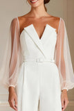 White Puff Sleeves Long Sleeves Bridal Jumpsuits with Belt