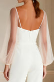 White Puff Sleeves Long Sleeves Bridal Jumpsuits with Belt