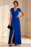Royal Blue Sheath V-Neck Long Mother of the Bride Dress with Slit