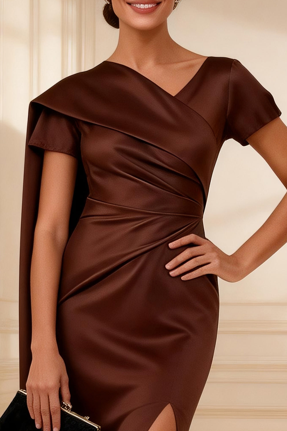 Chocolate Mermaid Long Mother of the Bride Dress with Side Cape