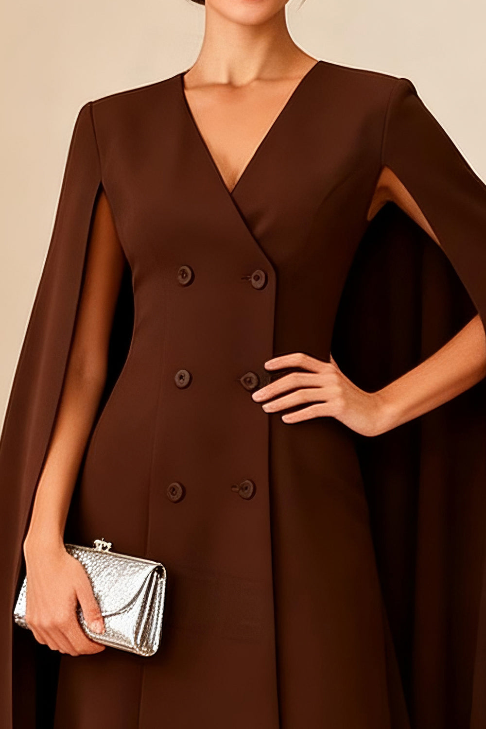 Chocolate Double Breasted Midi Mother of the Bride Dress with Cape