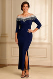 Sparkly Navy Sheath Illusion Round Neck Long Mother of the Bride Dress with Slit