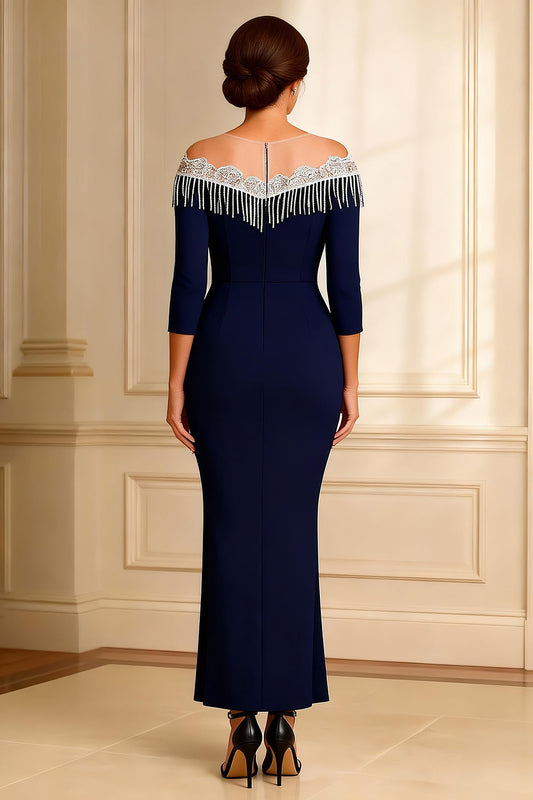 Sparkly Navy Sheath Illusion Round Neck Long Mother of the Bride Dress with Slit