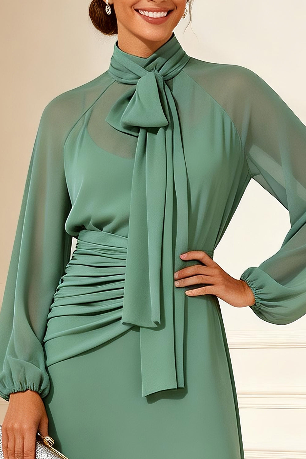Sage Green Chiffon High Neck Long Sleeves Mother of the Bride Dress