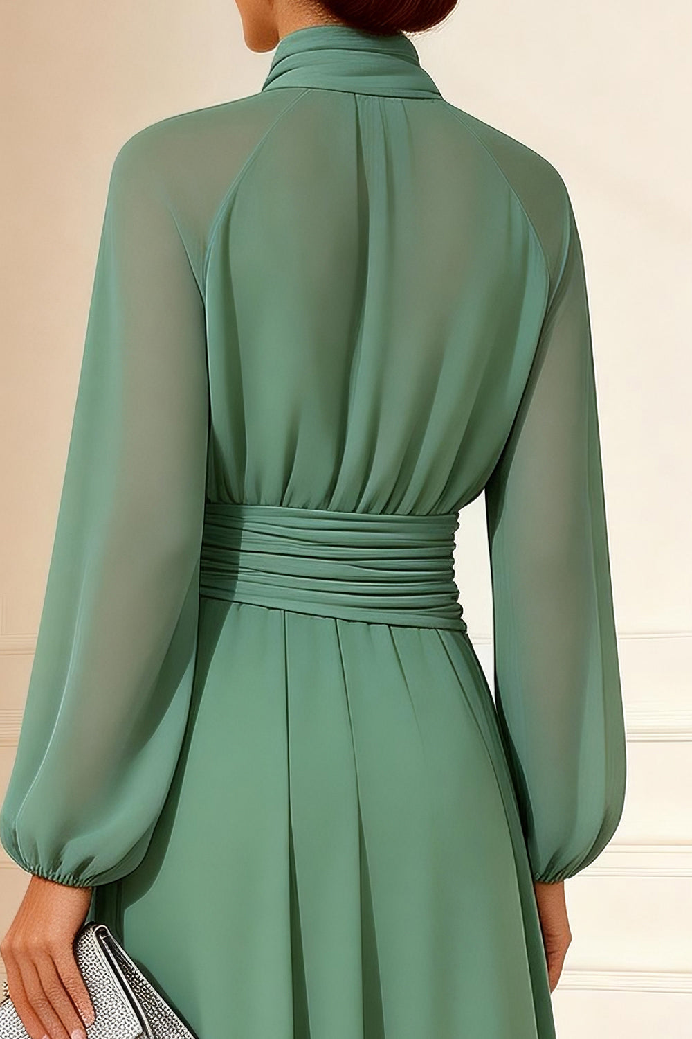 Sage Green Chiffon High Neck Long Sleeves Mother of the Bride Dress
