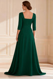 Dark Green A Line Round Neck Long Mother of the Bride Dress with Slit