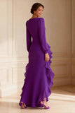 Purple V-Neck Ruffled Asymmetrical Mother of the Bride Dress with Slit
