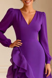 Purple V-Neck Ruffled Asymmetrical Mother of the Bride Dress with Slit
