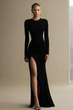 Simple Black Satin Sheath Long Formal Dress with Slit