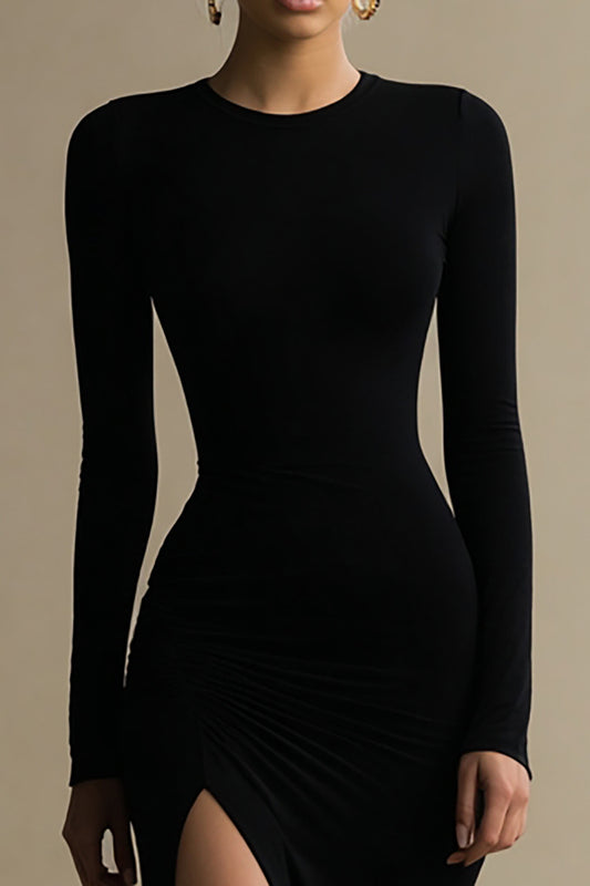 Simple Black Satin Sheath Long Formal Dress with Slit