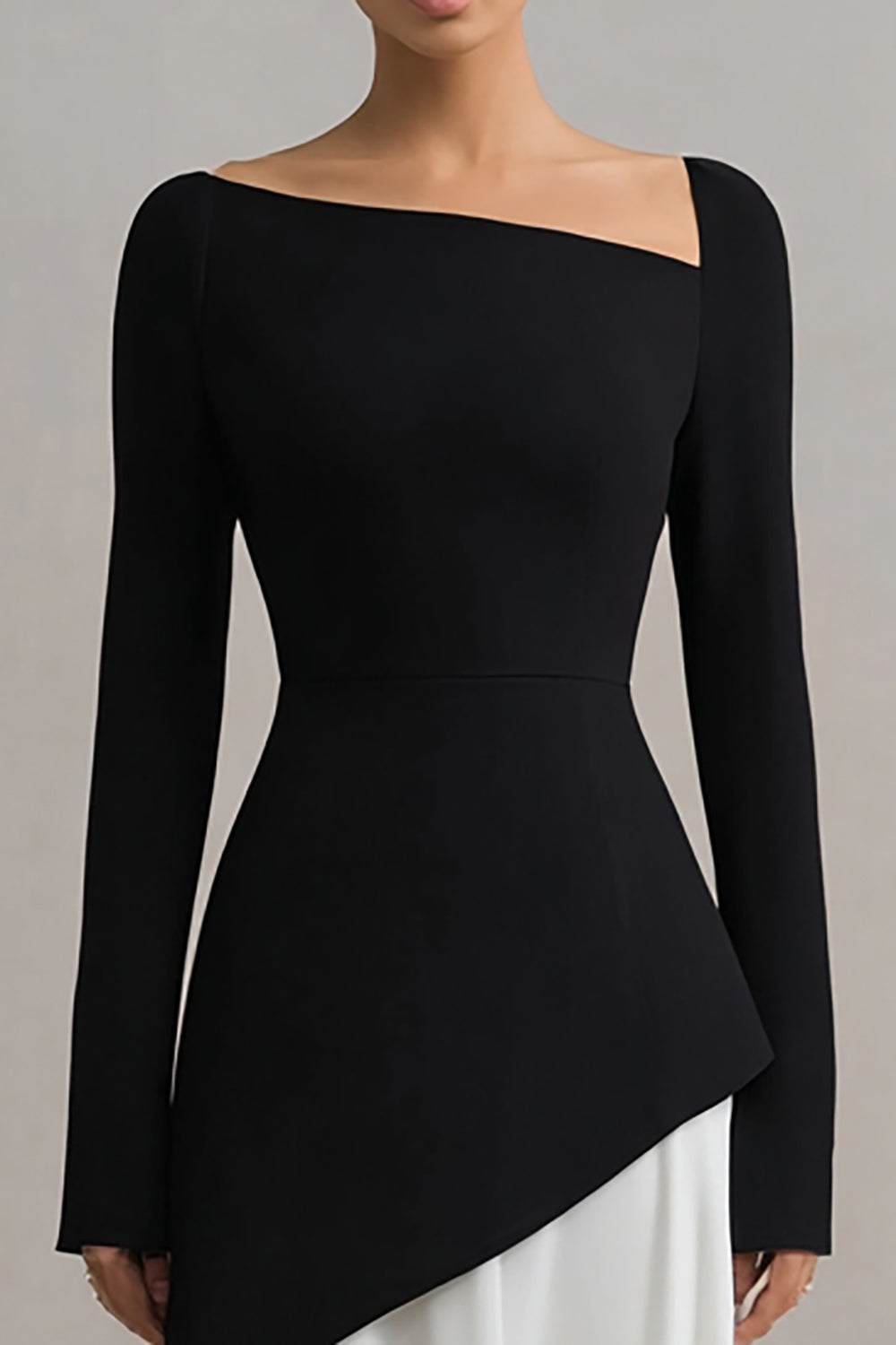 Black and White Sheath Asymmetrical Neck Long Sleeves Formal Dress