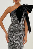 Sparkly Light Grey One Shoulder Sequin Long Formal Dress with Bow